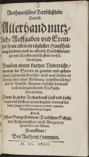 Johann Georg Büttners „Arithmetisches Textbüchlein“ (1632)